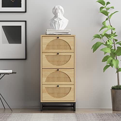 Natural Rattan Storage Cabinet with 4 Drawers - Warm White Wood Grain Color - for Living Room, Bedroom