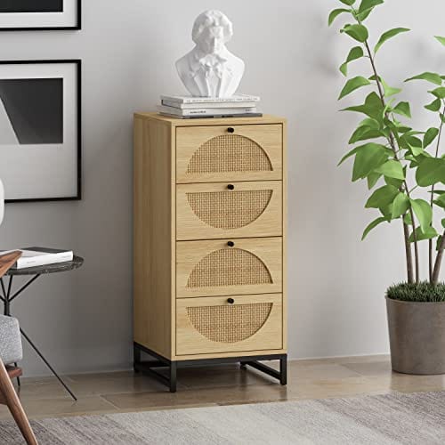 Natural Rattan Storage Cabinet with 4 Drawers - Warm White Wood Grain Color - for Living Room, Bedroom