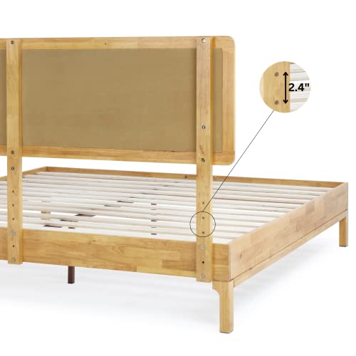 Natural Wood Queen Platform Bed - Boho Style, Adjustable Height Headboard, No Box Spring Needed