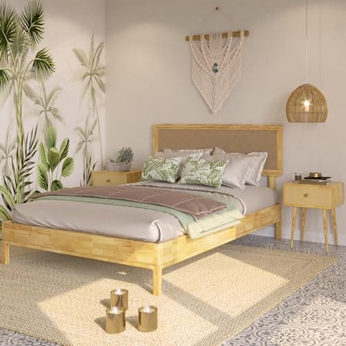 Natural Wood Queen Platform Bed - Boho Style, Adjustable Height Headboard, No Box Spring Needed