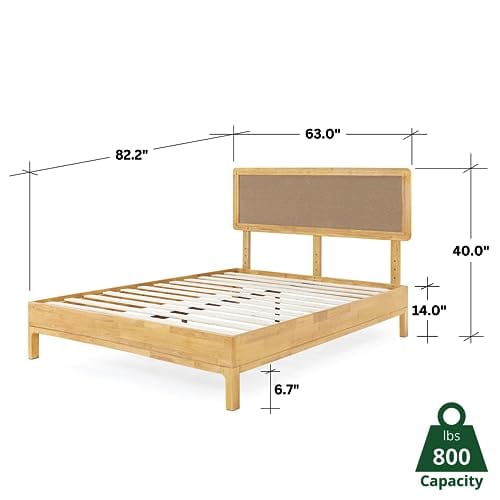 Natural Wood Queen Platform Bed - Boho Style, Adjustable Height Headboard, No Box Spring Needed