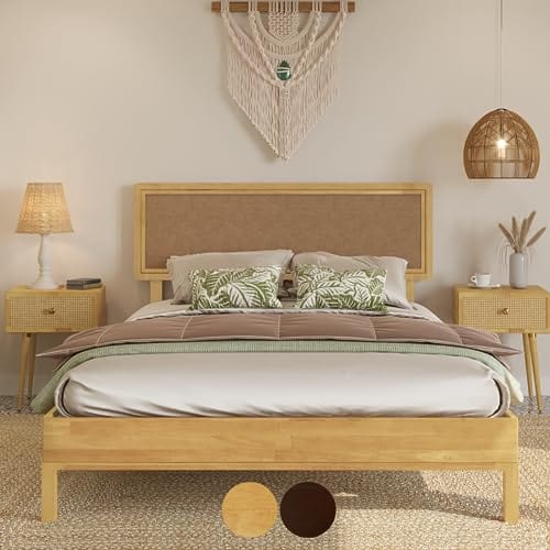 Natural Wood Queen Platform Bed - Boho Style, Adjustable Height Headboard, No Box Spring Needed Queen