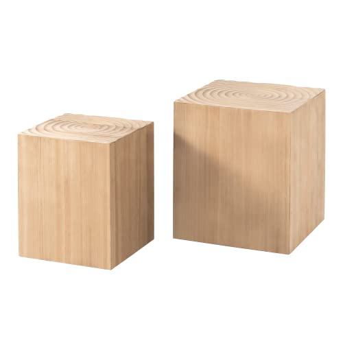 Natural Wood Tree Stump End Table Set of 2 with Tree Ring Pattern