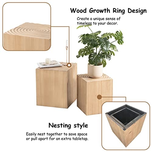 Natural Wood Tree Stump End Table Set of 2 with Tree Ring Pattern