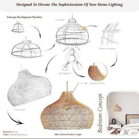 Naturally Woven Rattan Pendant Light - Boho Lamp with Bamboo Aesthetics - Handcrafted Farmhouse Lighting for Bohemian Interiors (14 * 9 in, Hardwired 48 in)