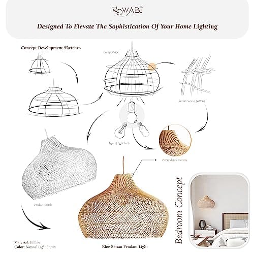 Naturally Woven Rattan Pendant Light - Boho Lamp with Bamboo Aesthetics - Handcrafted Farmhouse Lighting for Bohemian Interiors (14 * 9 in, Hardwired 48 in)