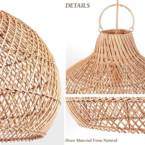 Naturally Woven Rattan Pendant Light - Boho Lamp with Bamboo Aesthetics - Handcrafted Farmhouse Lighting for Bohemian Interiors (14 * 9 in, Hardwired 48 in)