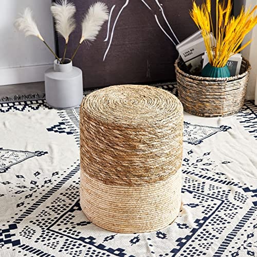 Ottoman Poof, Natural Seagrass Poufs, Hand Weave Round Footstool, Pouffe Accent Chair, Sitting Braided Footrest W/Jute Cover, Home Decorative Seat, Boho Chair for Living Room, Bedroom, White