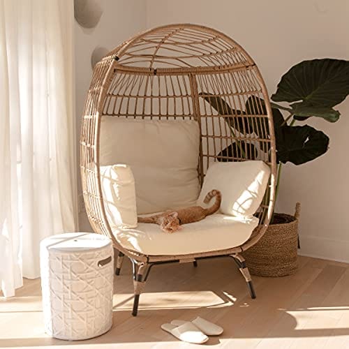 Oversized Egg Style Wicker Chair with Canopy & 4 Cushions - Indoor/Outdoor Patio Lounge Basket, Beige - Boho Inspired