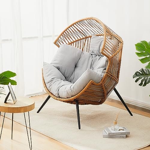 Oversized Patio Egg Chair with Stand - PE Rope Weave - Indoor & Outdoor Lounge Chair - Grey Color