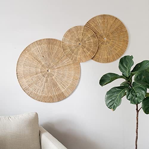 Oversized Wicker Wall Decor Set - Set of 3 Seagrass Wall Plaques for Bohemian and Rustic Home Decor - Unique Wall Art for Bedroom, Living Room, or Office - Beige