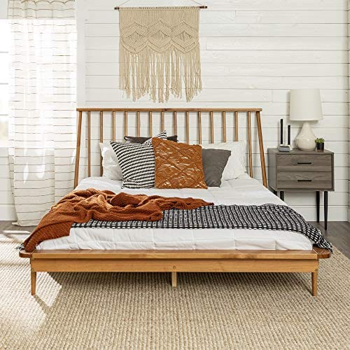 Queen Modern Wood Spindle Bed - Caramel Finish - Solid Pine, Mid-Century Flair, No Box Spring Required