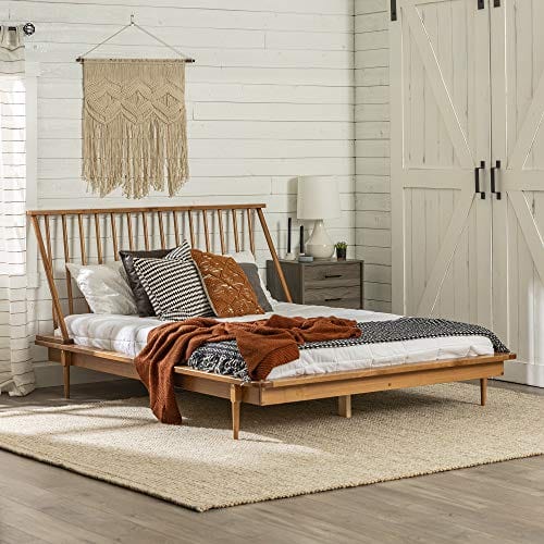 Queen Modern Wood Spindle Bed - Caramel Finish - Solid Pine, Mid-Century Flair, No Box Spring Required