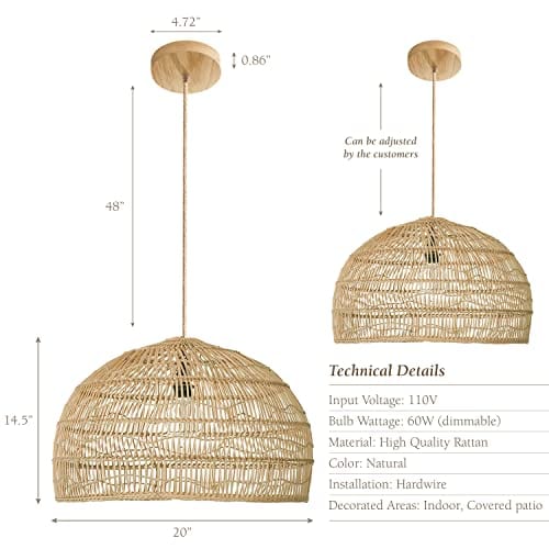 Radiant Rattan Charm: Handwoven Bamboo Pendant Light for Boho Farmhouse Vibes (14.5 * 20 in, Hardwired 48 in)