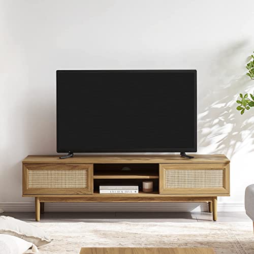 Rattan 59" TV Stand - Modern Boho Design with Sliding Doors, Adjustable Shelves - Natural Oak