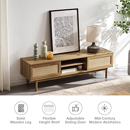 Rattan 59" TV Stand - Modern Boho Design with Sliding Doors, Adjustable Shelves - Natural Oak