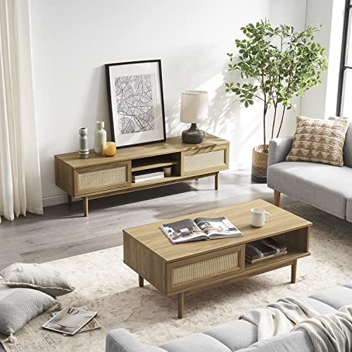 Rattan 59" TV Stand - Modern Boho Design with Sliding Doors, Adjustable Shelves - Natural Oak