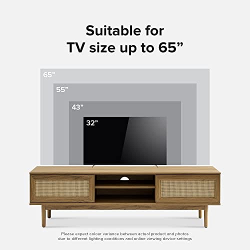 Rattan 59" TV Stand - Modern Boho Design with Sliding Doors, Adjustable Shelves - Natural Oak