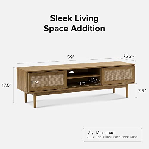 Rattan 59" TV Stand - Modern Boho Design with Sliding Doors, Adjustable Shelves - Natural Oak