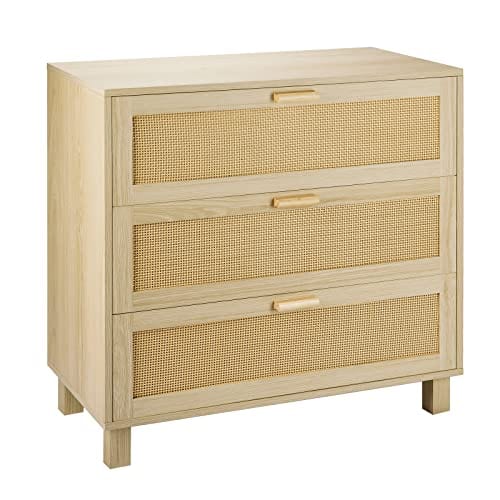 Rattan Chest of Drawers | 3 Drawer Dresser for Bedroom Storage | Oak Finish