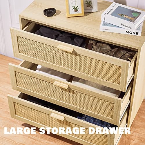 Rattan Chest of Drawers | 3 Drawer Dresser for Bedroom Storage | Oak Finish