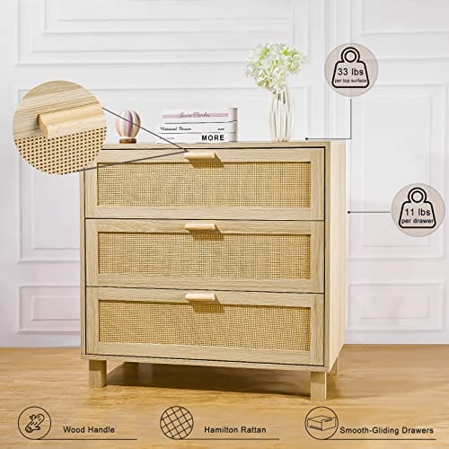 Rattan Chest of Drawers | 3 Drawer Dresser for Bedroom Storage | Oak Finish