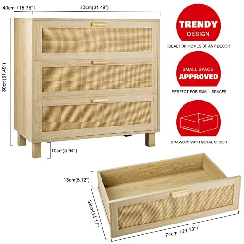 Rattan Chest of Drawers | 3 Drawer Dresser for Bedroom Storage | Oak Finish