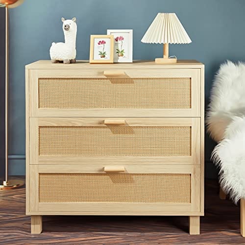 Rattan Chest of Drawers | 3 Drawer Dresser for Bedroom Storage | Oak Finish