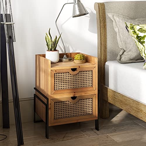 Rattan Nightstand - Rustic Accent Table with 2 Drawers, Fully Assembled Solid Wood Nightstand for Living Room, Bedroom, Apartment, Brown