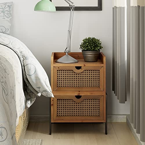 Rattan Nightstand - Rustic Accent Table with 2 Drawers, Fully Assembled Solid Wood Nightstand for Living Room, Bedroom, Apartment, Brown