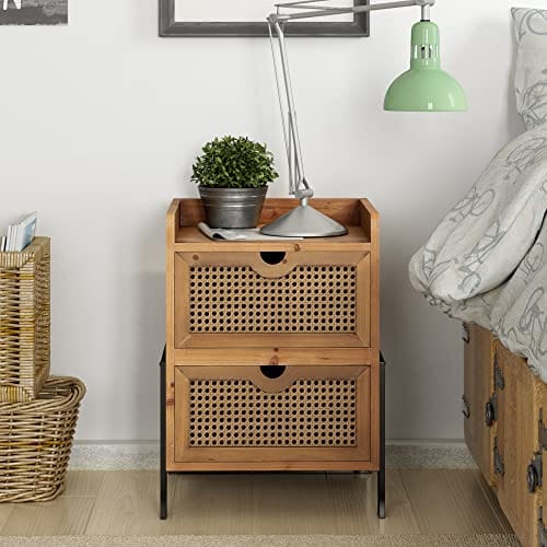 Rattan Nightstand - Rustic Accent Table with 2 Drawers, Fully Assembled Solid Wood Nightstand for Living Room, Bedroom, Apartment, Brown