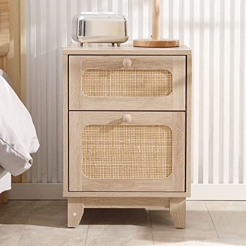 Rattan Nightstand with Charging Station - Handmade Boho Side Table with Decorated Drawer and Door - Natural Oak Finish