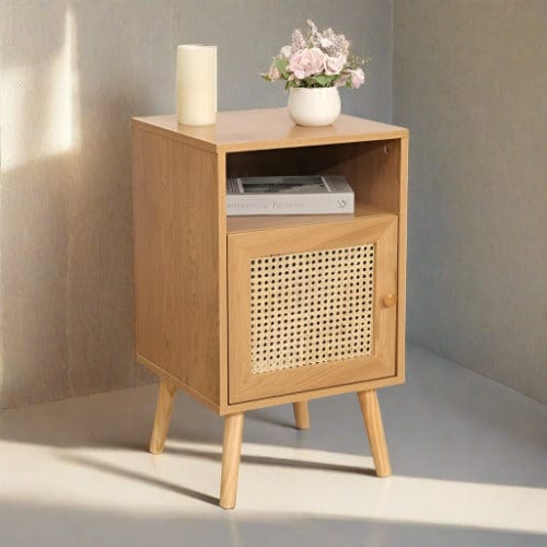 Rattan Nightstand - Wooden Bedside Table End Table for Living Room and Bedroom