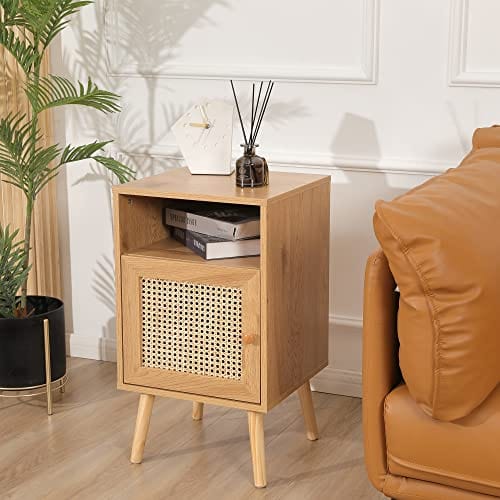 Rattan Nightstand - Wooden Bedside Table End Table for Living Room and Bedroom