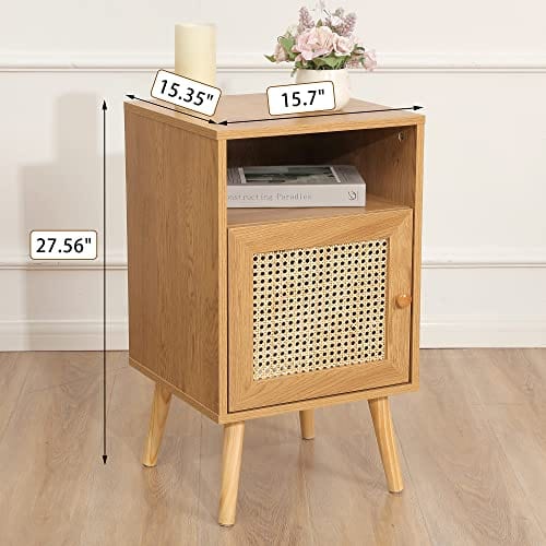 Rattan Nightstand - Wooden Bedside Table End Table for Living Room and Bedroom