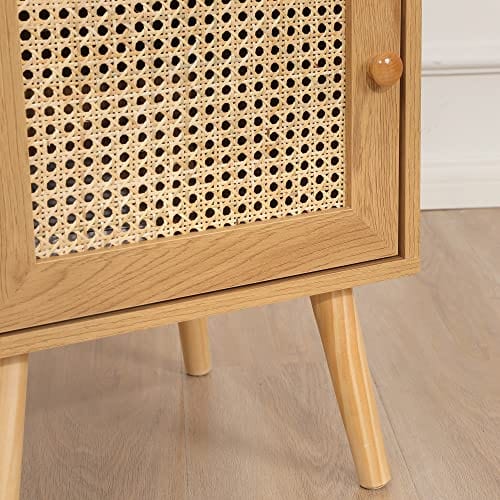 Rattan Nightstand - Wooden Bedside Table End Table for Living Room and Bedroom