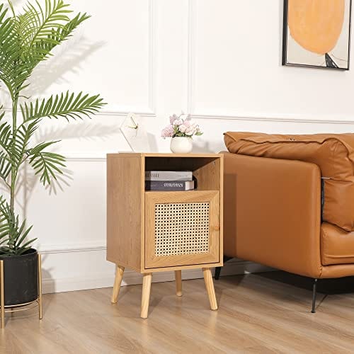 Rattan Nightstand - Wooden Bedside Table End Table for Living Room and Bedroom