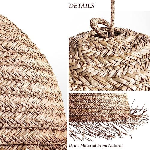 Rattan Pendant Light - Bamboo Pendant Light, Boho Lamp, Rattan Furniture, Patio Pendant Light, Farmhouse, Bohemian Lampshade (Effortless 14 * 10 in, Hardwired 48 in)