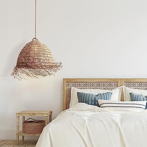 Rattan Pendant Light - Bamboo Pendant Light, Boho Lamp, Rattan Furniture, Patio Pendant Light, Farmhouse, Bohemian Lampshade (Effortless 14 * 10 in, Hardwired 48 in)