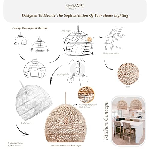 Rattan Pendant Light - Boho Bamboo Lampshade, Farmhouse Decor, Patio Lighting, Unique Handcrafted Fixture (14 * 12 in, Hardwired 48 in)