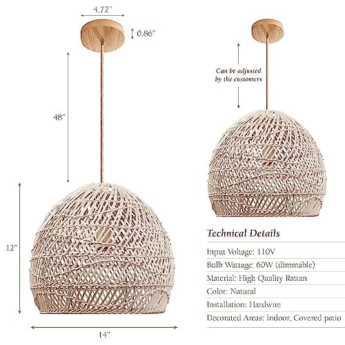Rattan Pendant Light - Boho Bamboo Lampshade, Farmhouse Decor, Patio Lighting, Unique Handcrafted Fixture (14 * 12 in, Hardwired 48 in)