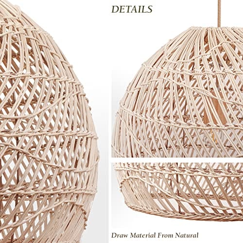 Rattan Pendant Light - Boho Bamboo Lampshade, Farmhouse Decor, Patio Lighting, Unique Handcrafted Fixture (14 * 12 in, Hardwired 48 in)