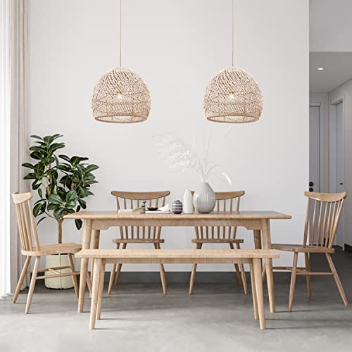 Rattan Pendant Light - Boho Bamboo Lampshade, Farmhouse Decor, Patio Lighting, Unique Handcrafted Fixture (14 * 12 in, Hardwired 48 in)