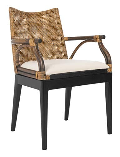 Rattan Tropical Woven Arm Chair - Brown/Black Finish - Cream Upholstery - Mahogany Frame