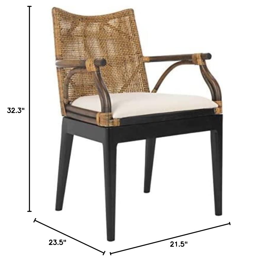 Rattan Tropical Woven Arm Chair - Brown/Black Finish - Cream Upholstery - Mahogany Frame