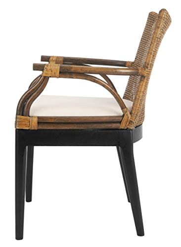 Rattan Tropical Woven Arm Chair - Brown/Black Finish - Cream Upholstery - Mahogany Frame