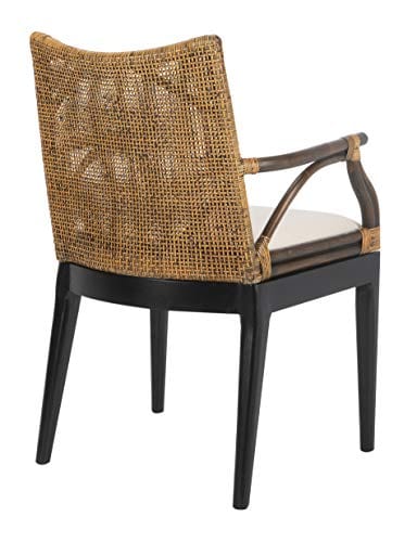 Rattan Tropical Woven Arm Chair - Brown/Black Finish - Cream Upholstery - Mahogany Frame