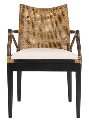 Rattan Tropical Woven Arm Chair - Brown/Black Finish - Cream Upholstery - Mahogany Frame