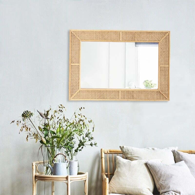 Rectangle Rattan Wall Mirror - Modern Boho Decorative Mirror for Home - Natural Color - 26.375" x 37.875