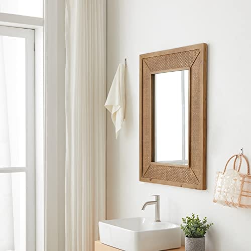 Rectangle Rattan Wall Mirror with Wooden Frame - Rustic and Boho Decor for Farmhouse, Bedroom, Living Room, Entryway
